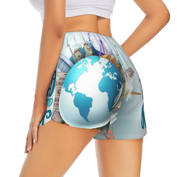 Lsque Let's go Travel Printed Women's Running Shorts with Liner Pockets,Elastic Quick Dry Workout Athletic Gym Yoga Shorts,Womens High Waist Shorts-X-Large