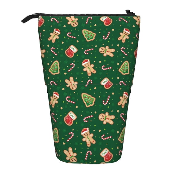 Lsque green Christmas Element Pattern Telescopic Pencil Bag Pen Holder Stationery Case, Stand-up Retractable Transformer Bag Organizer
