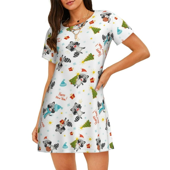 Lsque happy new year Raccoon Pattern Nightgowns for Women Sleep Shirts Short Sleeve Nightshirt Pullover Nightdress Soft Sleepwear Relaxed Fit Nightdress