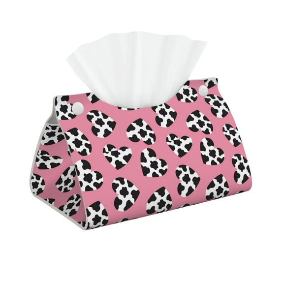 Lsque heart with cow Printed Long Tissue Box Cover Holder, Facial Paper Organizer Dispenser,Triangle with Bottom Belt, PVC Leather Decorative Organizer