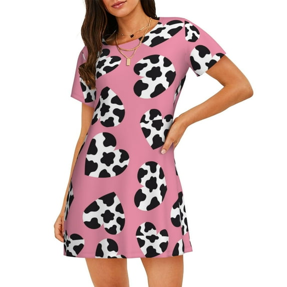 Lsque heart with cow Pattern Nightgowns for Women Sleep Shirts Short Sleeve Nightshirt Pullover Nightdress Soft Sleepwear Relaxed Fit Nightdress