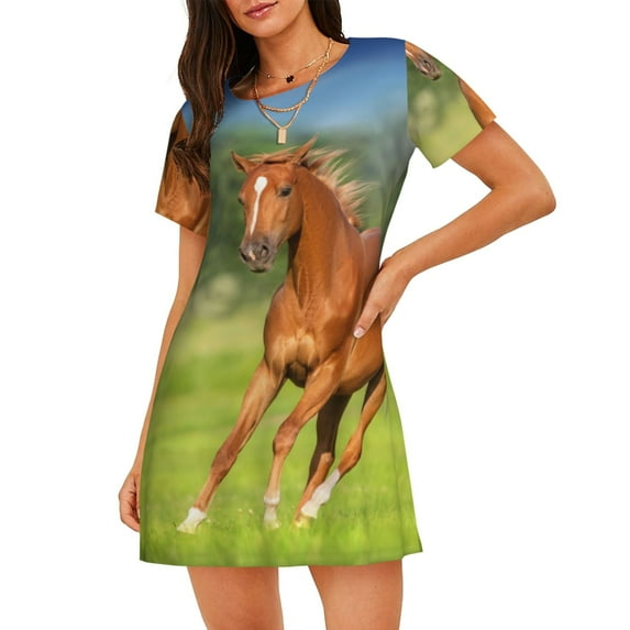 Lsque horse running freely Pattern Nightgowns for Women Sleep Shirts Short Sleeve Nightshirt Pullover Nightdress Soft Sleepwear Relaxed Fit Nightdress
