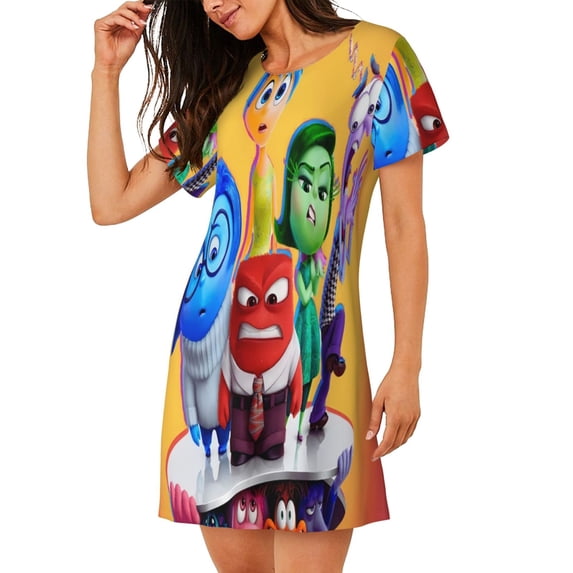 Lsque inside out 2 Pattern Nightgowns for Women Sleep Shirts Short Sleeve Nightshirt Pullover Nightdress Soft Sleepwear Relaxed Fit Nightdress