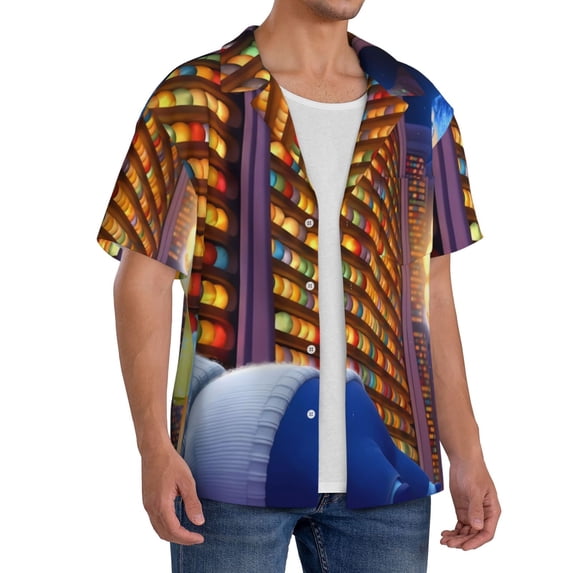 Lsque inside out 2 print Men's Cuban Collar Short Sleeve Shirt Summer Beachwear Casual Button Down Fashionable Vacation Leisure Shirt-Medium
