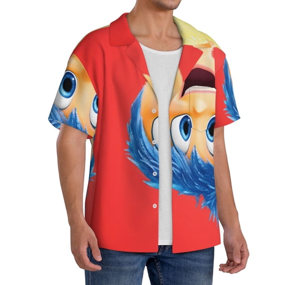 Lsque inside out 2 print Men's Cuban Collar Short Sleeve Shirt Summer Beachwear Casual Button Down Fashionable Vacation Leisure Shirt-Small