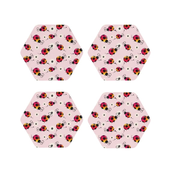 Lsque ladybugs and flower Pattern 4" Drink Coasters Set of 4, PVC Leather Absorbent Coasters, Table Coaster Set Decorative Coffee Cup Coasters Housewarming Gift-Hexagon
