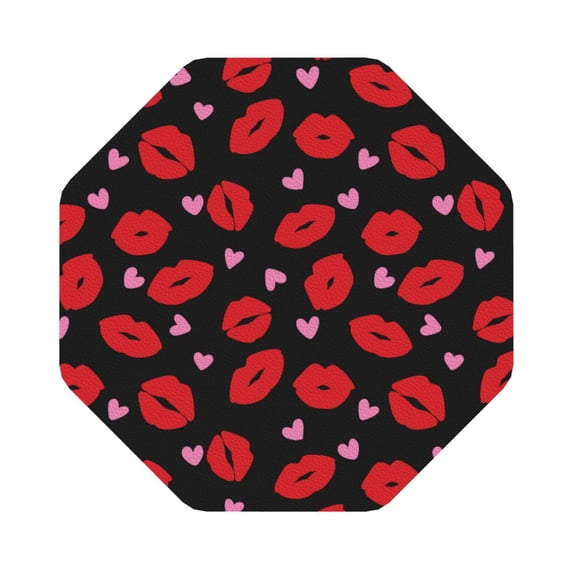 Lsque lips and hearts Pattern 4" Drink Coasters Set of 6, Leather Absorbent Coasters, Table Coaster Set Decorative Coffee Cup Coasters Housewarming Gift,Octagon