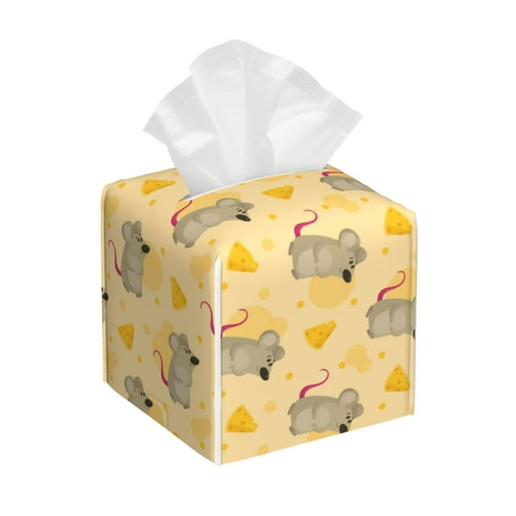 Lsque mouse and cheese Printed Tissue Box Cover Holder, Facial Paper Organizer Dispenser,Square with Bottom Belt, PVC Leather Decorative Organizer