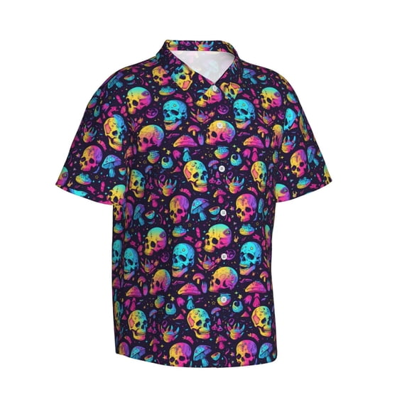 Lsque mushroom Skull star pattern Hawaiian Shirt for Men, Unisex Summer Beach Casual Short Sleeve Button Down Shirts-3X-Large