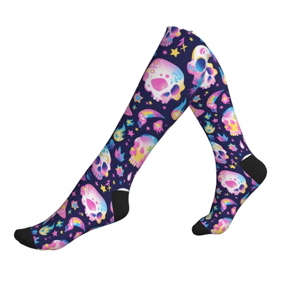 Lsque mushroom colorful Skull star Pattern Sport Compression Socks for Men & Women 15-20 mmHg Knee High Nurse Pregnant Running Medical and Travel Athletic