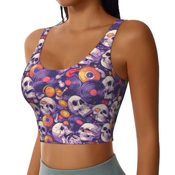 Lsque music Skull record Printed Women'S Sports Bra, Compression, Moisture Wicking, High-Impact Sports Bra For Women,Supportive sports bra-Medium
