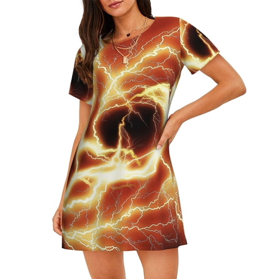 Lsque orange lightning Pattern Nightgowns for Women Sleep Shirts Short Sleeve Nightshirt Pullover Nightdress Soft Sleepwear Relaxed Fit Nightdress
