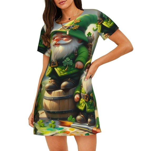 Lsque patrick’s day gnomes Pattern Nightgowns for Women Sleep Shirts Short Sleeve Nightshirt Pullover Nightdress Soft Sleepwear Relaxed Fit Nightdress