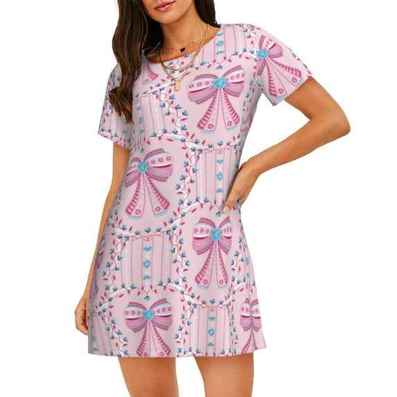 Lsque pink bows Pattern Nightgowns for Women Sleep Shirts Short Sleeve Nightshirt Pullover Nightdress Soft Sleepwear Relaxed Fit Nightdress