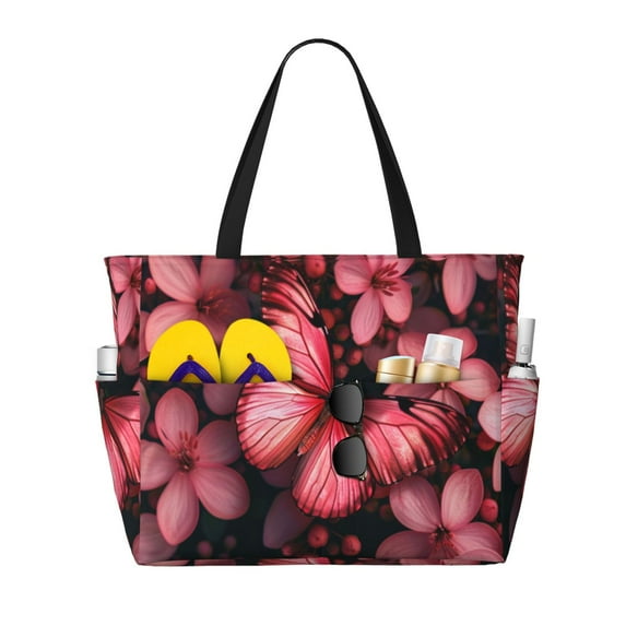 Lsque pink butterfly Beach Travel Bag - Water-Resistant, Large Capacity Lightweight Tote with 7 Pockets for Women and Men - Perfect for Beach, Pool, Gym, and Travel