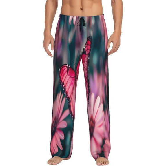 Lsque pink butterfly Print Men's Pajama Pants, Lounge Pant - Comfortable Home Wear,Elastic Waistband, Stylish Design-Large