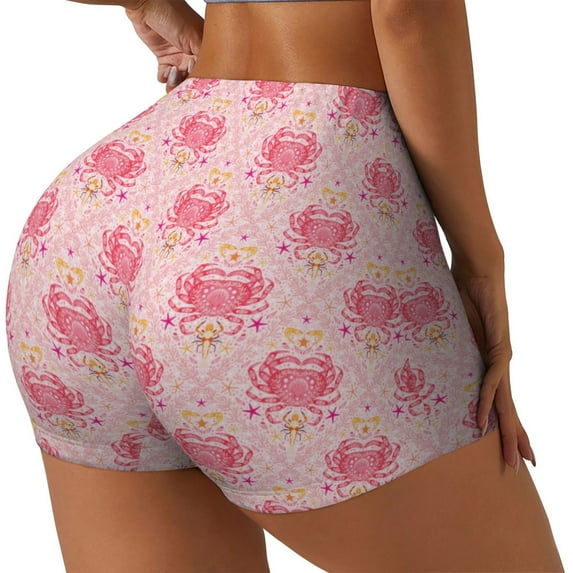 Lsque pink crustaceans Pattern High Waisted Biker Shorts for Women-Tummy Control Fitness Athletic Workout Running Yoga Gym Shorts,Moisture-Wicking-Large