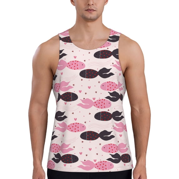 Lsque pink fish hearts Pattern Mens Tank Tops Muscle Athletic Quick Dry Sleeveless Workout Fitness T Shirts Beach Tank Top, Loose-fit Sleeveless Shirt for Men-3X-Large