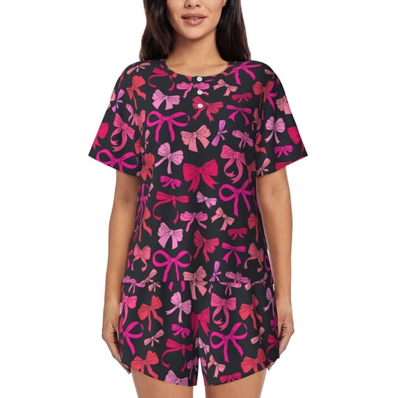Lsque pink ribbon bows Pattern Women's Short-Sleeved Pajama Set - 2 Piece Soft and Lightweight Sleepwear Set-