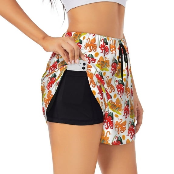 Lsque pirate Octopus Printed Women's Running Shorts with Liner Pockets,Elastic Quick Dry Workout Athletic Gym Yoga Shorts,Womens High Waist Shorts-X-Large
