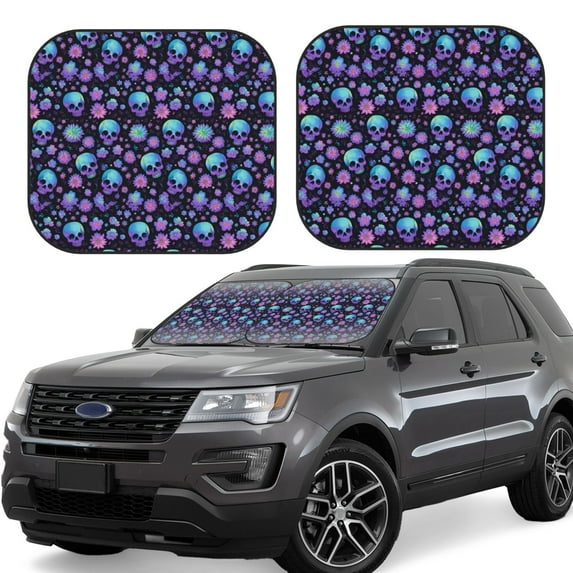 Lsque purple Skull flower 2 PCS Windshield Sun Shade | CarFoldable Window Covers | Car Accessories Reflect UV for Universal Cars SUV Truck | Large