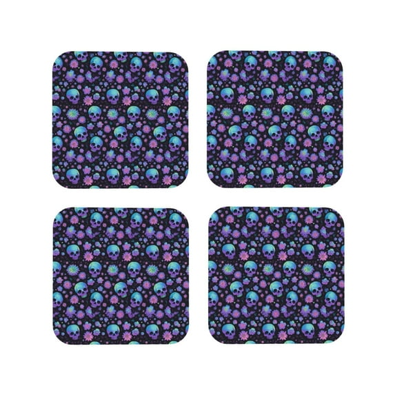 Lsque purple Skull flower Pattern 4" Drink Coasters Set of 4, PVC Leather Absorbent Coasters, Table Coaster Set Decorative Coffee Cup Coasters Housewarming Gift -Square