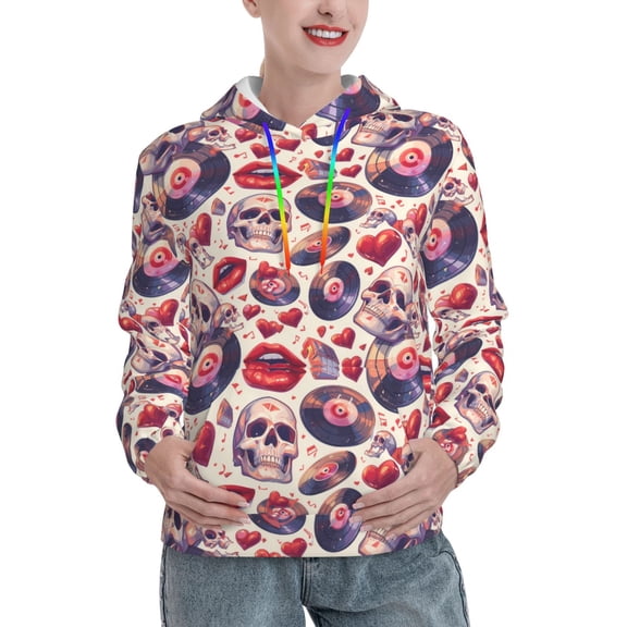 Lsque record rock Skull lips Pattern Casual Women's Hoodie,Hooded Sweatshirt with Kangaroo Pocket,Pullover Hoodie with Eye-catching Drawstrings-Medium