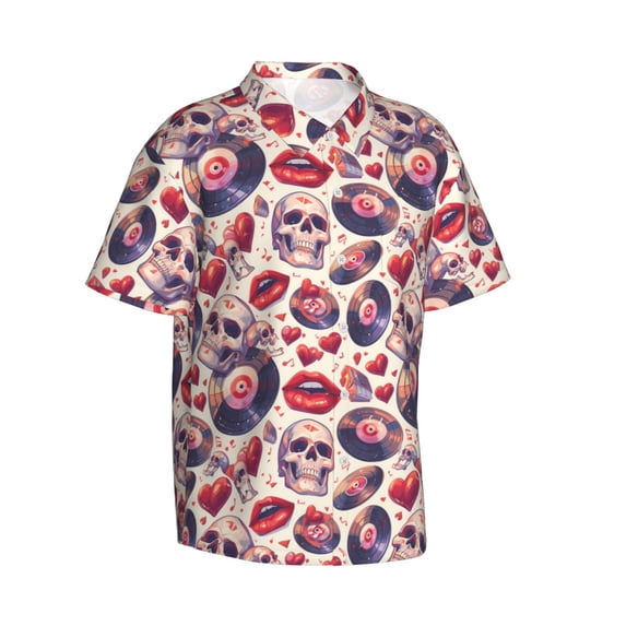 Lsque record rock Skull lips pattern Hawaiian Shirt for Men, Unisex Summer Beach Casual Short Sleeve Button Down Shirts-Large