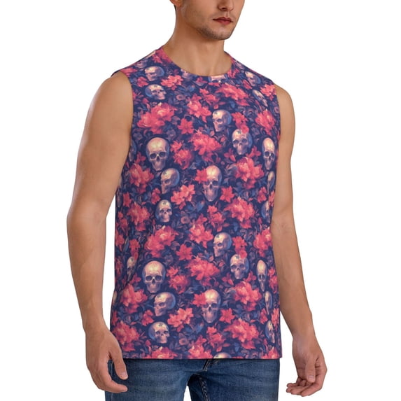 Lsque red Skull flower Print Men's Cotton Blend Sleeveless Muscle Shirts (S-3XL)- Moisture Wicking, Odor Protection, UPF 30+,Small
