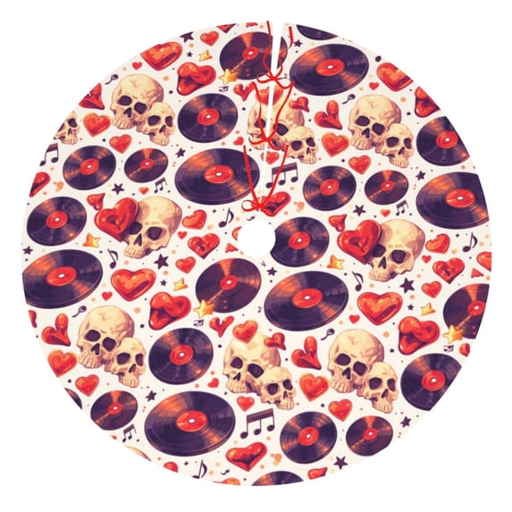 Lsque rock Skull record heart Print Christmas Tree Skirt, Tree Skirt with Ties or Velcro, Perfect for Holiday Decorations, Halloween, and New Year-48"