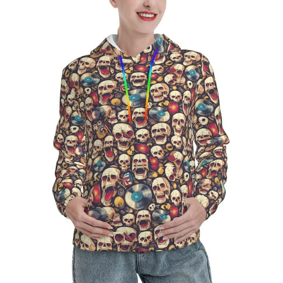 Lsque rock record music Skull Pattern Casual Women's Hoodie,Hooded Sweatshirt with Kangaroo Pocket,Pullover Hoodie with Eye-catching Drawstrings-Large