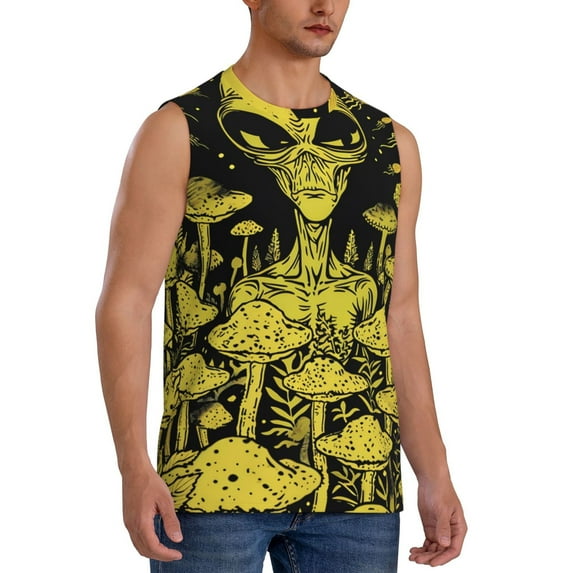 Lsque saucerman Mushroom Forest Print Men's Cotton Blend Sleeveless Muscle Shirts (S-3XL)- Moisture Wicking, Odor Protection, UPF 30+,Large