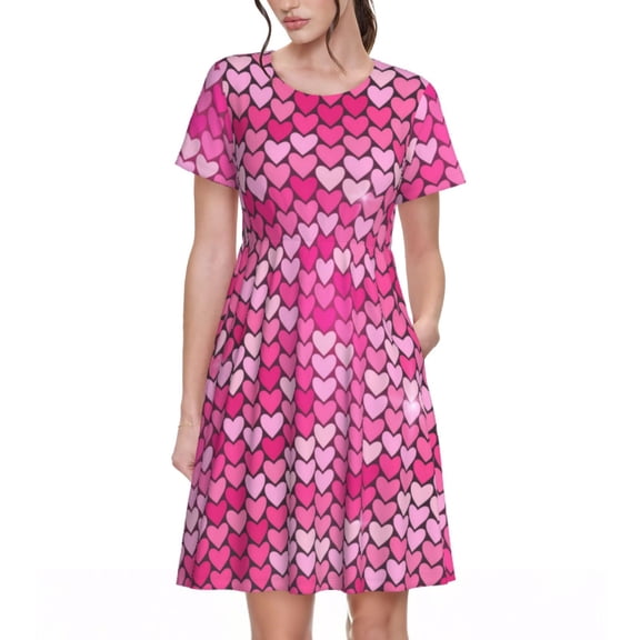 Lsque shiny with pink heart Print Women's Casual Dress T-Shirt Summer Short Sleeve Scoop Neck Swing Dresses