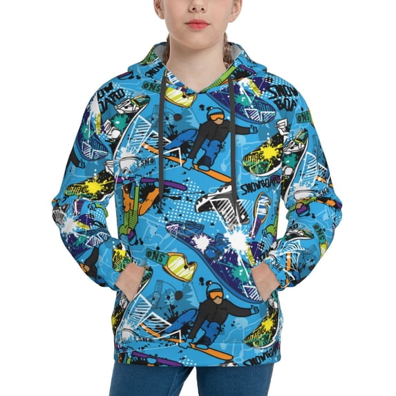 Lsque snow board blue Patten Youth Hoodie Sweatshirt Pullover with Kangaroo Pocket Boys and Girls Hoodie Warm Hoodie for Kids-X-Large