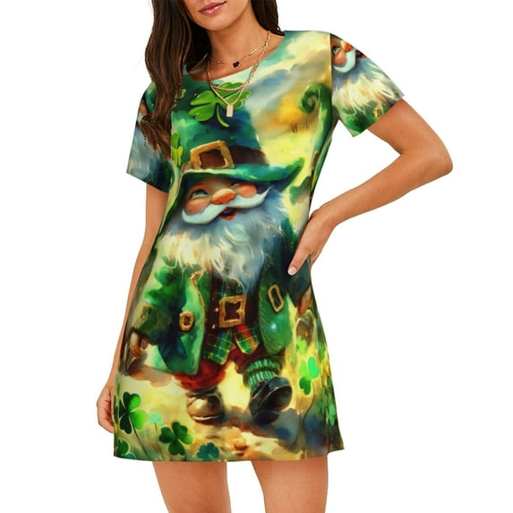 Lsque st. patrick’s day gnomes Pattern Nightgowns for Women Sleep Shirts Short Sleeve Nightshirt Pullover Nightdress Soft Sleepwear Relaxed Fit Nightdress