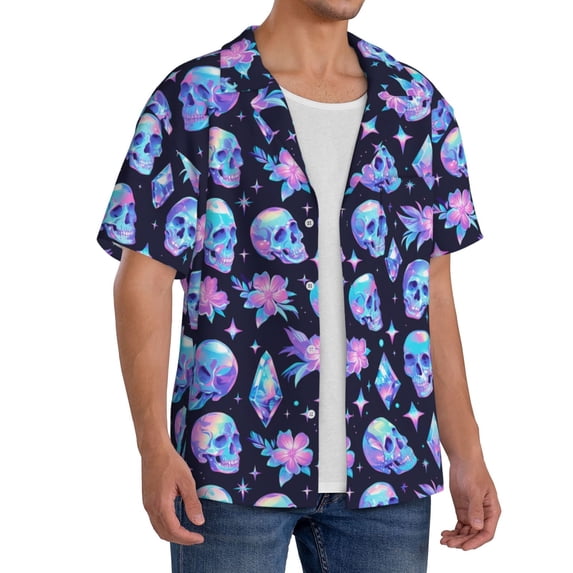 Lsque star Skull flower crystal print Men's Cuban Collar Short Sleeve Shirt Summer Beachwear Casual Button Down Fashionable Vacation Leisure Shirt-Small