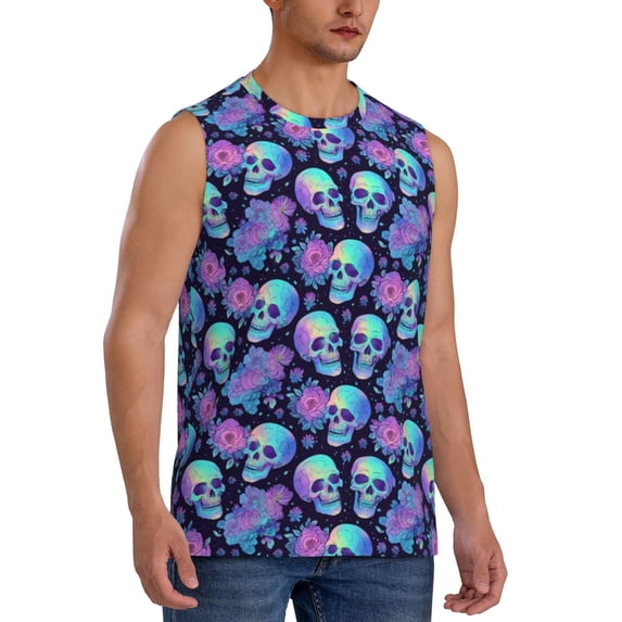 Lsque starry sky Skull flower Print Men's Cotton Blend Sleeveless Muscle Shirts (S-3XL)- Moisture Wicking, Odor Protection, UPF 30+,Small