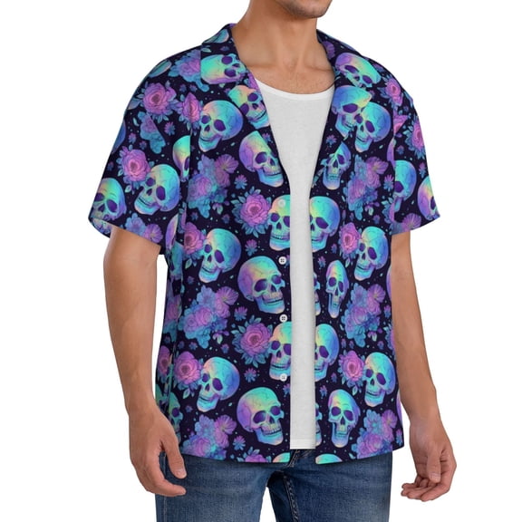 Lsque starry sky Skull flower print Men's Cuban Collar Short Sleeve Shirt Summer Beachwear Casual Button Down Fashionable Vacation Leisure Shirt-Large
