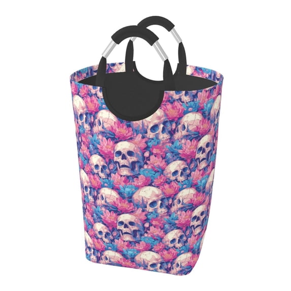 Lsque white Skull blue flower Laundry Basket, Laundry Hamper, Dirty Clothes Hamper for Laundry, Collapsible, Waterproof Laundry Baskets with Aluminum Handles for Laundry, Dorm, Family