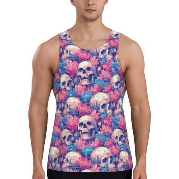 Lsque white Skull blue flower Pattern Mens Tank Tops Muscle Athletic Quick Dry Sleeveless Workout Fitness T Shirts Beach Tank Top, Loose-fit Sleeveless Shirt for Men-4X-Large
