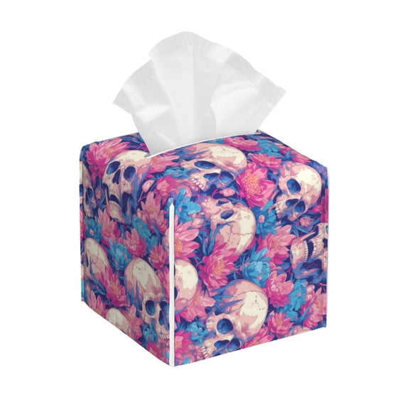 Lsque white Skull blue flower Printed Tissue Box Cover Holder, Facial Paper Organizer Dispenser,Square with Bottom Belt, PVC Leather Decorative Organizer