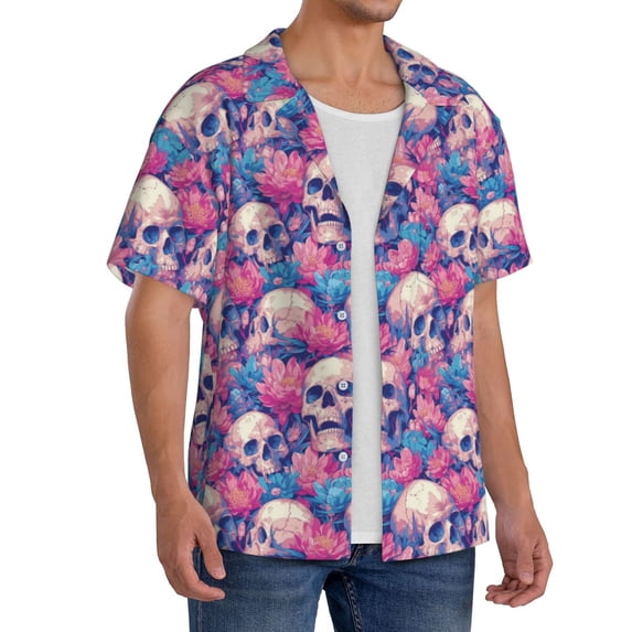 Lsque white Skull blue flower print Men's Cuban Collar Short Sleeve Shirt Summer Beachwear Casual Button Down Fashionable Vacation Leisure Shirt-4X-Large