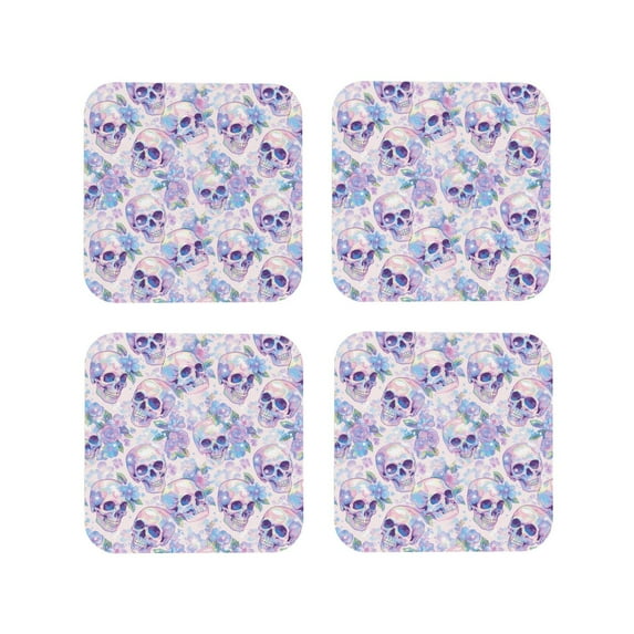 Lsque white Skull crystal flower Pattern 4" Drink Coasters Set of 4, PVC Leather Absorbent Coasters, Table Coaster Set Decorative Coffee Cup Coasters Housewarming Gift -Square