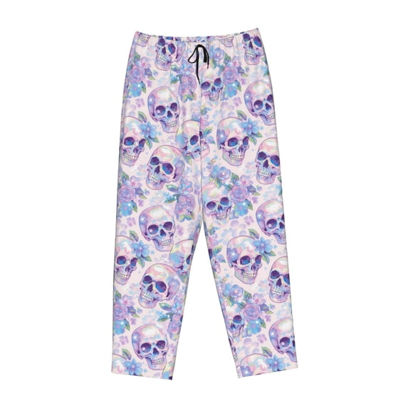 Lsque white Skull crystal flower Print Women's Pajama Pants, Lounge Pant - Comfortable Home Wear,Elastic Waistband, Stylish Design-Large