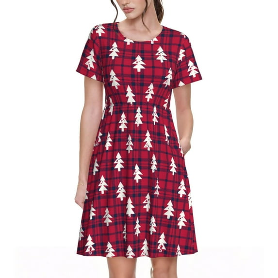 Lsque white Tree red plaid Print Women's Casual Dress T-Shirt Summer Short Sleeve Scoop Neck Swing Dresses