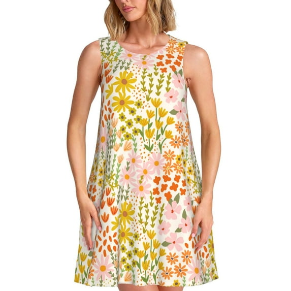 Lsque wild meadow flowers Pattern Summer Dresses for Women – Sleeveless T-Shirt Swing Sundress, Perfect for the Beach and Casual Days