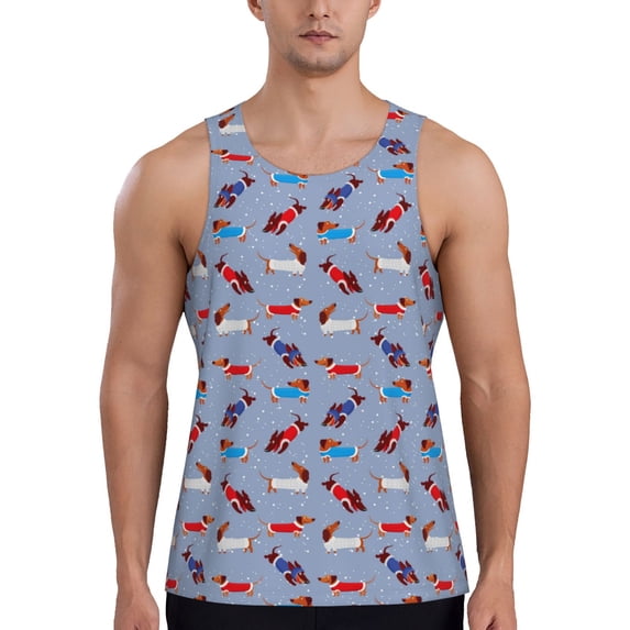Lsque winter Dachshund Pattern Mens Tank Tops Muscle Athletic Quick Dry Sleeveless Workout Fitness T Shirts Beach Tank Top, Loose-fit Sleeveless Shirt for Men-X-Large
