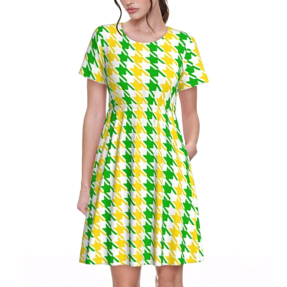 Lsque yellow and green houndstooth Print Women's Casual Dress T-Shirt Summer Short Sleeve Scoop Neck Swing Dresses
