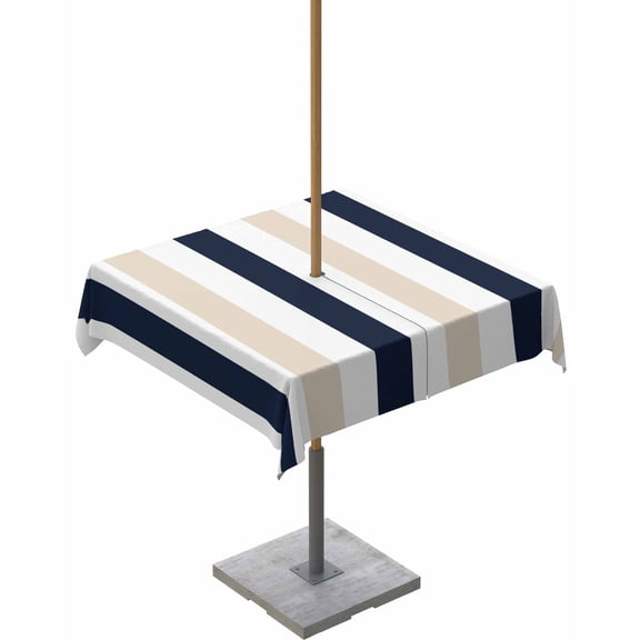 Lsrtoss Outdoor Tablecloth with Umbrella Hole & Zipper, Beige Navy Blue Striped Square Tablecloth 54x54 Inch, Farmhouse Stripe Art Patio Table Cover Waterproof Table Cloth for Picnic/Party