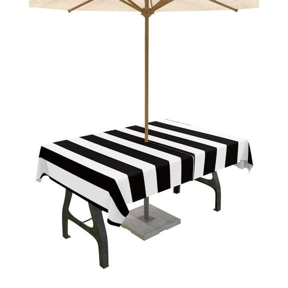 Lsrtoss Outdoor Tablecloth with Umbrella Hole & Zipper, Black Striped Rectangle Tablecloth 60x102 Inch, Modern Farmhouse Black White Stripes Patio Table Cover Waterproof Table Cloth for Picnic/Party